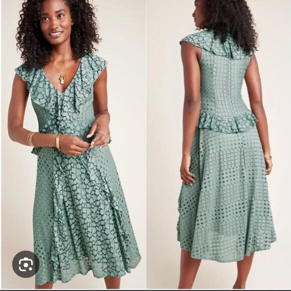 Anthropologie Dark Sage Green Patterned Lace Dress 6 - Picture 2 of 5